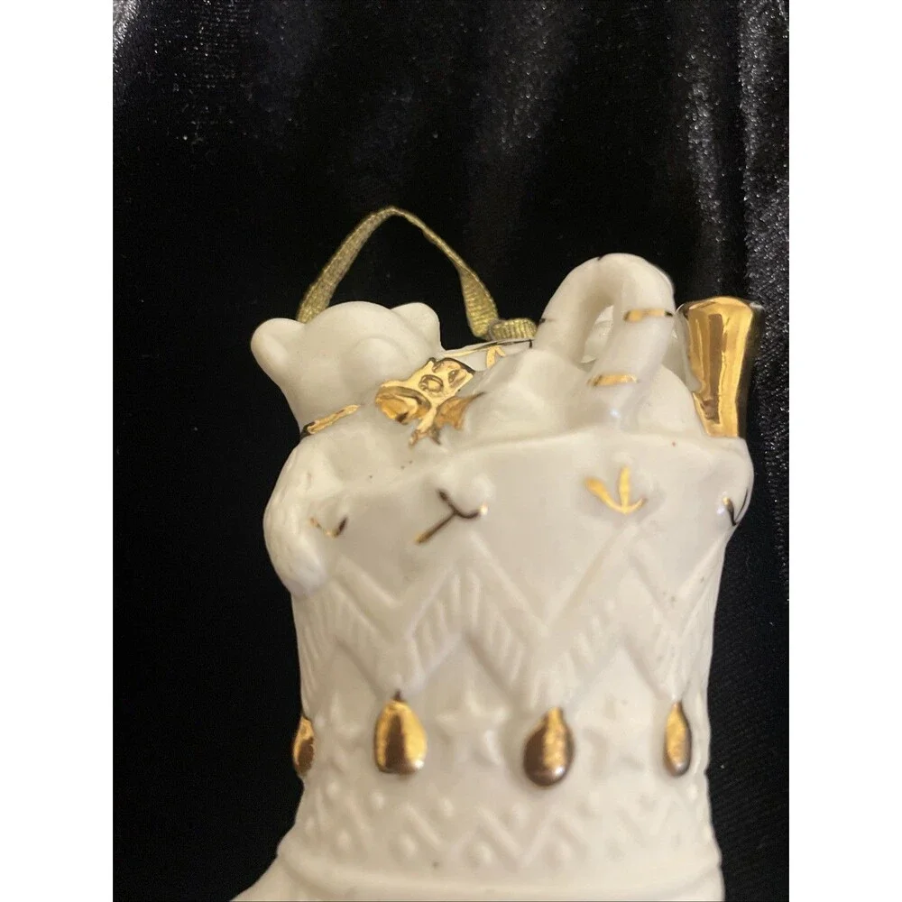 White And Gold Trim Christmas Ornament Porcelain Stocking And Toys Vintage